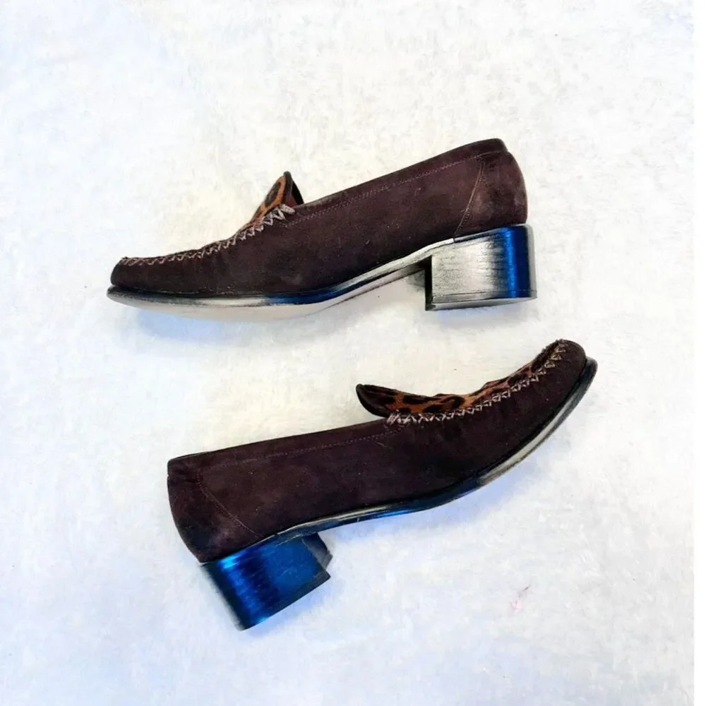 STUART WEITZMAN Brown Suede Animal Leopard Calf Hair Square Toe Loafers - Picture 3 of 9